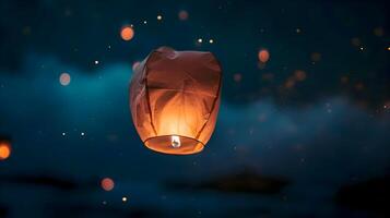 ai gegenereerd een papier lantaarn drijvend in de lucht Bij nacht foto