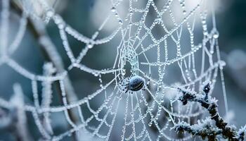 ai gegenereerd een dichtbij omhoog van een spin web gedekt in dauw foto