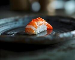 ai gegenereerd een stuk van sushi zittend Aan top van een bord foto