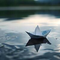 ai gegenereerd een papier boot drijvend Aan top van een lichaam van water foto