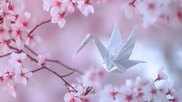 ai gegenereerd een wit origami vogel zittend Aan top van een boom foto