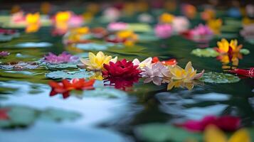 ai gegenereerd een groep van kleurrijk bloemen drijvend Aan top van een lichaam van water foto