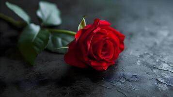 ai gegenereerd een single rood roos zittend Aan top van een tafel foto