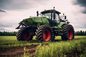 ai gegenereerd trekker in de veld, agrarisch machinerie foto