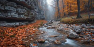 ai gegenereerd rotsachtig Ravijn van een berg stroom in herfst Woud foto