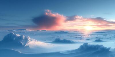 ai gegenereerd verkoudheid dageraad over- besneeuwd arctisch landschap met hummocks foto