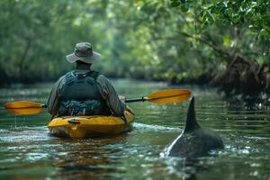 ai gegenereerd ecotoerisme, kajakken langs de mangrove kust met spotten dolfijnen foto