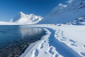 ai gegenereerd besneeuwd kust, arctisch landschap met berg en meer foto