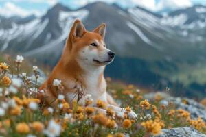 ai gegenereerd shiba inu hond overweegt Aan een bloeiend alpine weide foto