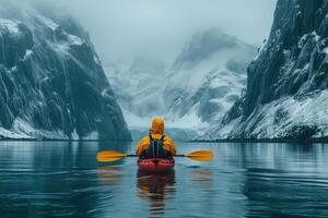 ai gegenereerd kayaker Aan een zee kajak tegen de backdrop van rotsachtig arctisch kusten foto