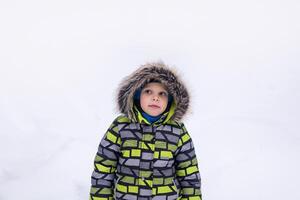 weinig jongen wandelen in winter besneeuwd park foto