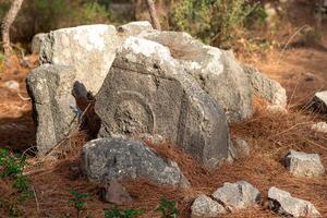 oude steen met gesneden patroon in de Woud Bij de plaats van de verlaten antiek stad van faselis, kalkoen foto