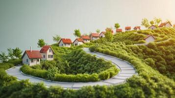 ai gegenereerd idyllisch buitenwijk huizen Aan groen heuvelachtig landschap foto