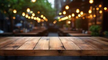 leeg houten tafel en bokeh licht achtergrond. voor Product Scherm foto
