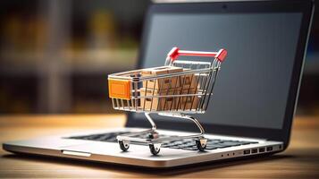 ai gegenereerd boodschappen doen kar Aan laptop. online boodschappen doen en e-commerce concept. foto