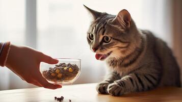 ai gegenereerd schattig kat en menselijk hand- met kom van droog voedsel Bij huis foto