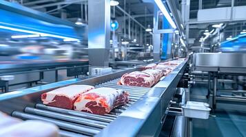 ai gegenereerd geautomatiseerd vlees verwerken fabriek transportband systeem foto