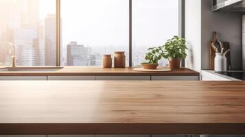 ai gegenereerd houten tafel in modern keuken interieur met stad visie. bespotten omhoog, 3d renderen foto
