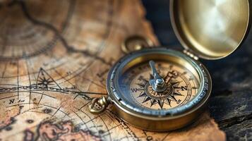 ai gegenereerd wijnoogst kompas Aan oude wereld kaart foto