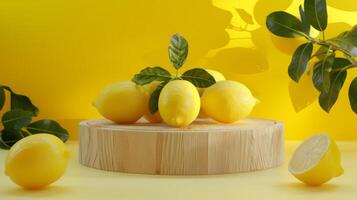 ai gegenereerd achtergrond citroen podium Product fruit platform kunstmatig tafereel Scherm citrus geel. foto