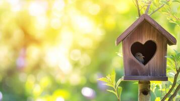 ai gegenereerd vogel huis met de hart gevormd Ingang Aan wazig voorjaar buitenshuis achtergrond met kopiëren ruimte foto