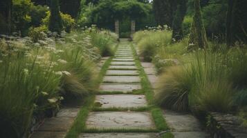 ai gegenereerd in een botanisch tuin, steen paden zijn bekleed met gras groeit omhoog tussen hen foto