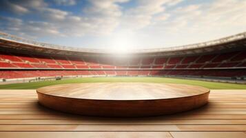 ai gegenereerd ronde houten platform in stadion met zonovergoten veld- foto