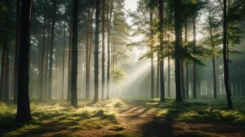 ai gegenereerd nevelig ochtend- in rustig Woud foto