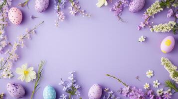 ai gegenereerd Purper Pasen achtergrond met lente bloemen en Pasen eieren, top visie. kader foto