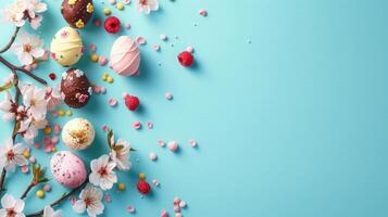 ai gegenereerd gelukkig Pasen kleurrijk Pasen chocola eieren met kers bloesems vlak leggen Aan blauw achtergrond. elegant inschrijving voorjaar sjabloon met ruimte voor tekst. groet kaart of banier foto