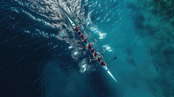 ai gegenereerd antenne dar top ultra breed panoramisch visie van sport kano roeien synchroon team van atleten concurrerende in diep blauw zee foto