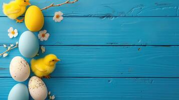 ai gegenereerd spandoek. blauw, geel, wit eieren en geel kuikens Aan een blauw houten achtergrond. de minimaal concept. een Pasen kaart met een kopiëren van de plaats voor de tekst. foto