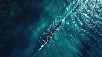 ai gegenereerd antenne dar top ultra breed panoramisch visie van sport kano roeien synchroon team van atleten concurrerende in diep blauw zee foto