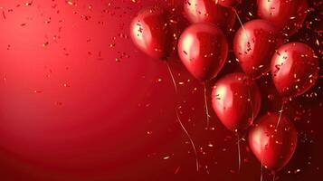 ai gegenereerd verjaardag rood ballonnen achtergrond ontwerp gelukkig verjaardag gouden ballon en confetti decoratie element voor geboorte dag viering groet kaart ontwerp foto