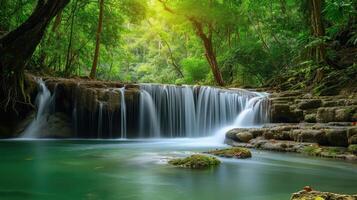 ai gegenereerd panoramisch mooi diep Woud waterval foto