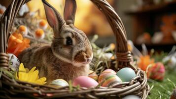 ai gegenereerd Pasen konijn in een mand met Pasen eieren foto