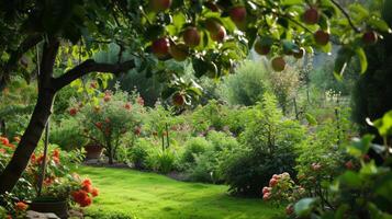 ai gegenereerd groen met appel beladen boom focaal punt, weelderig tuin foto