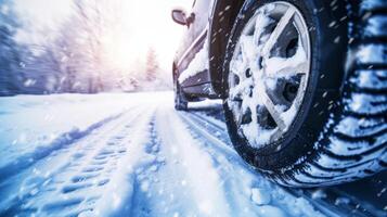 ai gegenereerd detailopname van auto banden in winter Aan de weg gedekt met sneeuw foto