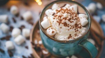 ai gegenereerd overhead visie van heet chocola in een blauw groen mok met geslagen room en mini marshmallows foto