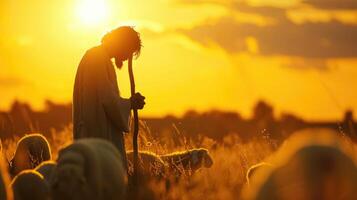 ai gegenereerd herder Jezus Christus leidend de kudde en bidden naar jehova god en helder licht zon en Jezus silhouet achtergrond in de veld- foto