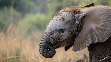 ai gegenereerd baby olifant, loxodonta afrikaan, gebruik makend van haar romp naar geur. foto