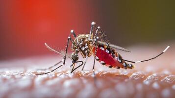 ai gegenereerd aedes aegypti mug. dichtbij omhoog een mug zuigen menselijk bloed foto