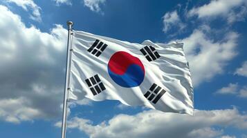 ai gegenereerd golvend vlag van zuiden Korea in mooi lucht. zuiden Korea vlag voor onafhankelijkheid dag. de symbool van de staat Aan golvend kleding stof foto