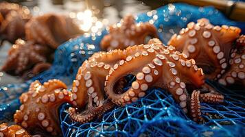 ai gegenereerd veel bruin Octopus was gebracht naar de zon Aan de blauw netto geplaatst Aan bamboe foto