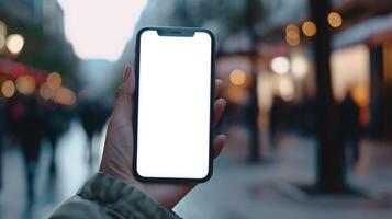 ai gegenereerd hand- Holding smartphone tonen wit scherm mobiel app advertentie en opgewonden foto