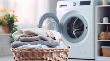 ai gegenereerd rieten mand met vuil kleren en het wassen machine Aan licht interieur achtergrond foto