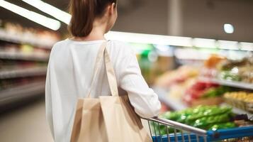 ai gegenereerd achterzijde visie van jong vrouw Holding boodschappen doen kar met papier Tassen in supermarkt foto