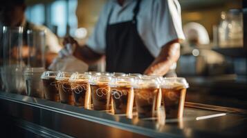 ai gegenereerd koffie in plastic cups Aan bar teller in koffie winkel. foto