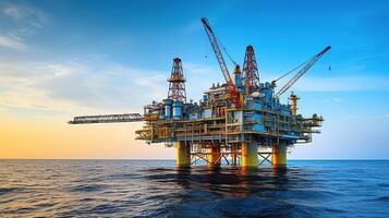 ai gegenereerd olie en gas- platform in de zee Bij zonsondergang. productie platform voor olie en gas- industrie foto