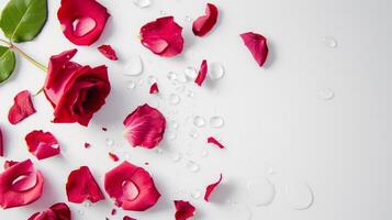 ai gegenereerd roos bloem bloemblaadjes , water laten vallen en blad vallend in wit achtergrond foto